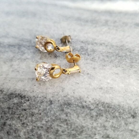 Vintage Little Rhinestone Drop Post Earrings, Gold Tone Setting, Minimal - Picture 2 of 4
